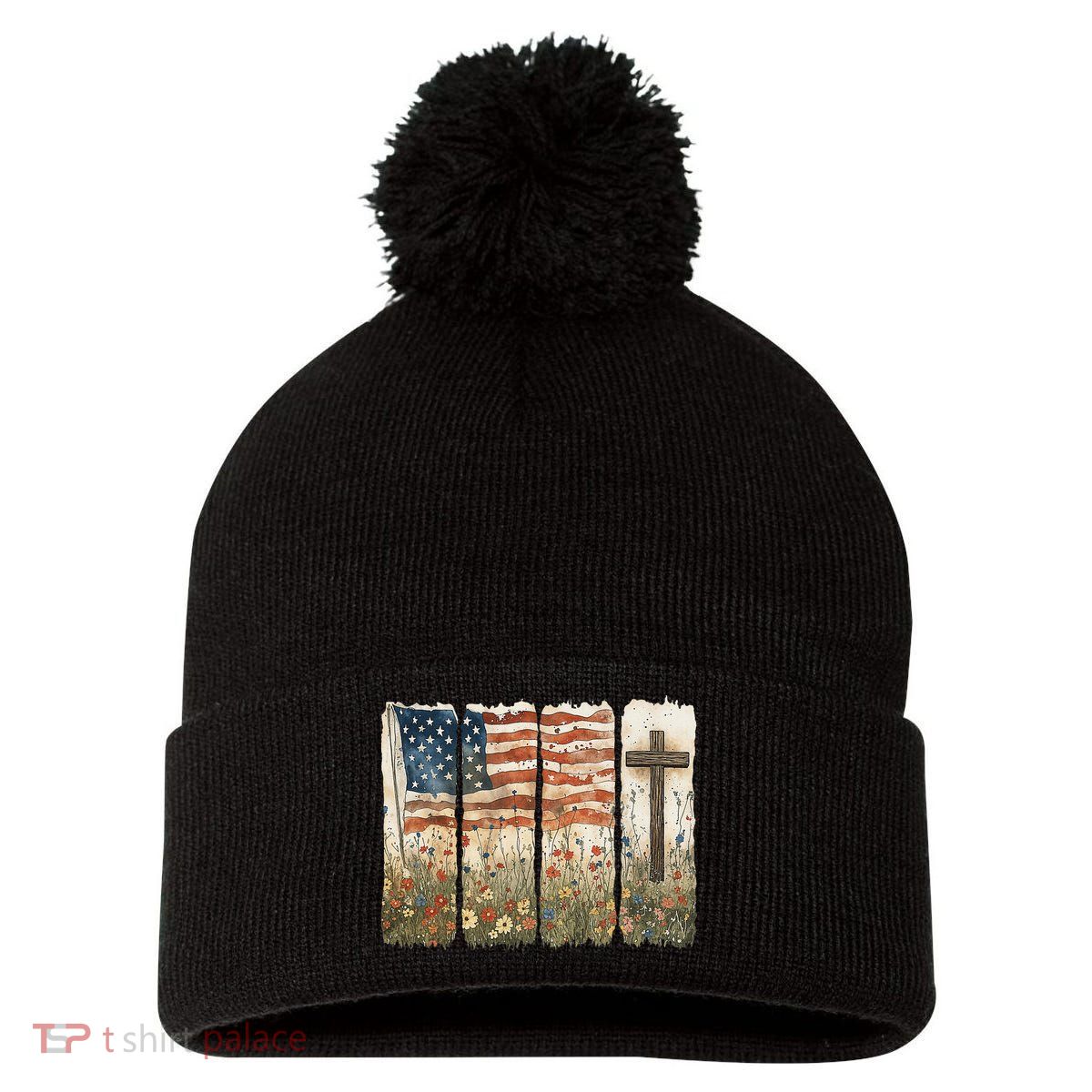One Nation Under God USA Flag Cross Floral Christian Women Gift Pom Pom 12in Knit Beanie