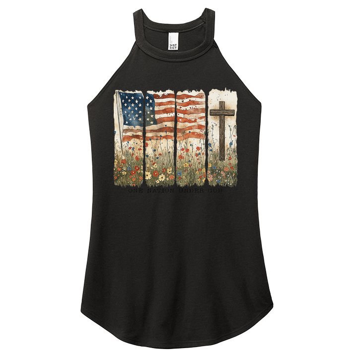 One Nation Under God USA Flag Cross Floral Christian Women Gift Women's Perfect Tri Rocker Tank