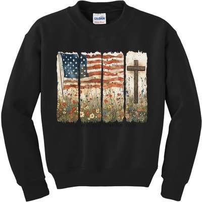 One Nation Under God USA Flag Cross Floral Christian Women Gift Kids Sweatshirt