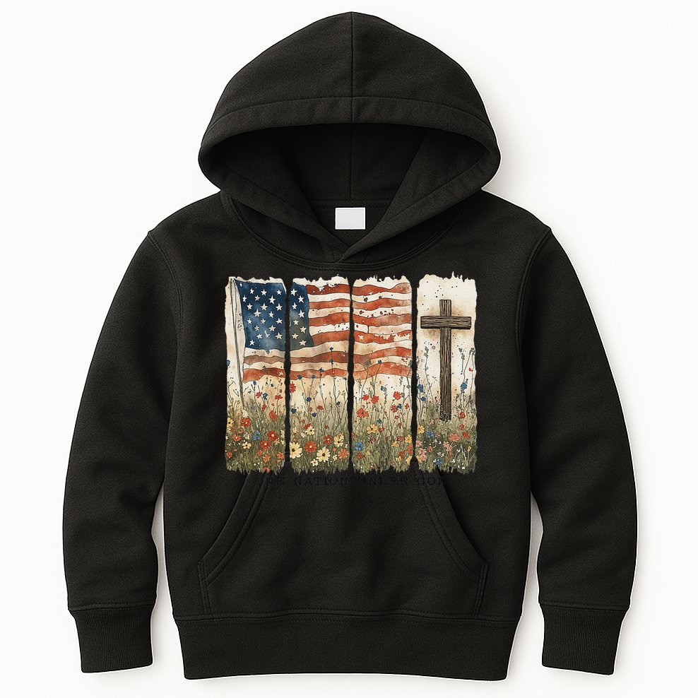 One Nation Under God USA Flag Cross Floral Christian Women Gift Kids Hoodie