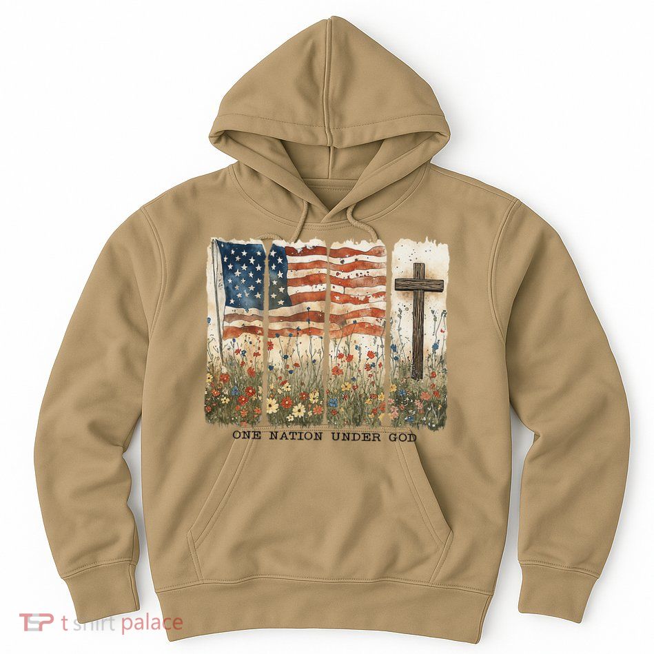 One Nation Under God USA Flag Cross Floral Christian Women Gift Hoodie