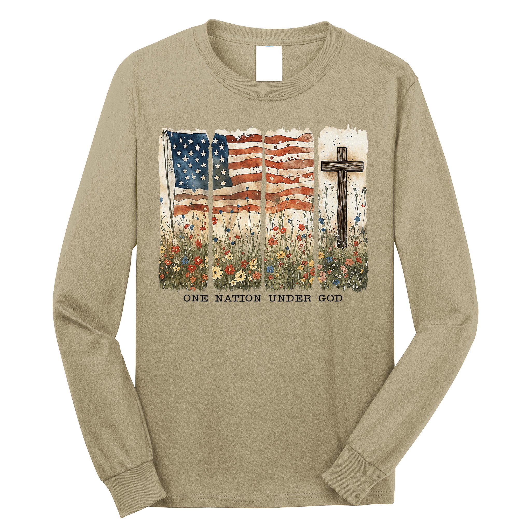 One Nation Under God USA Flag Cross Floral Christian Women Gift Long Sleeve Shirt