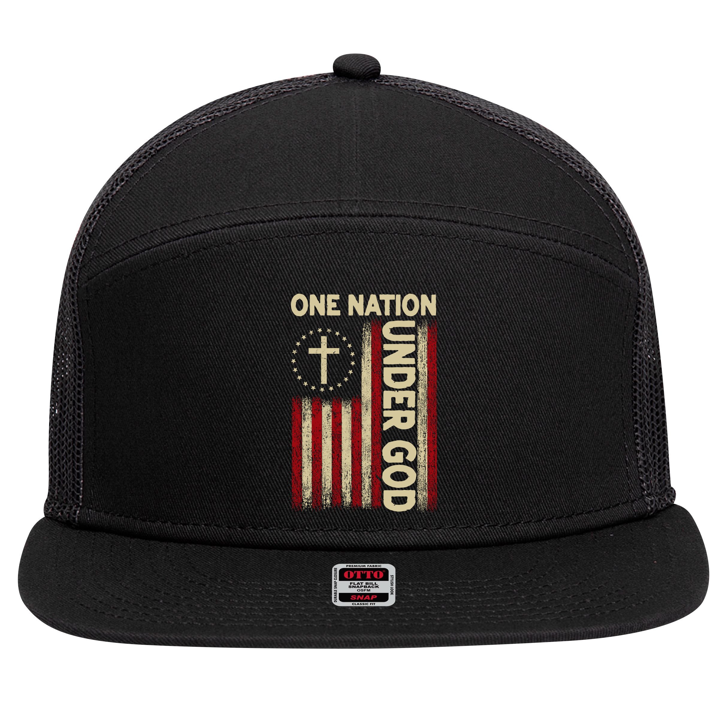 One Nation Under God Flag 4th Of July Patriotic Christian  7 Panel Mesh Trucker Snapback Hat