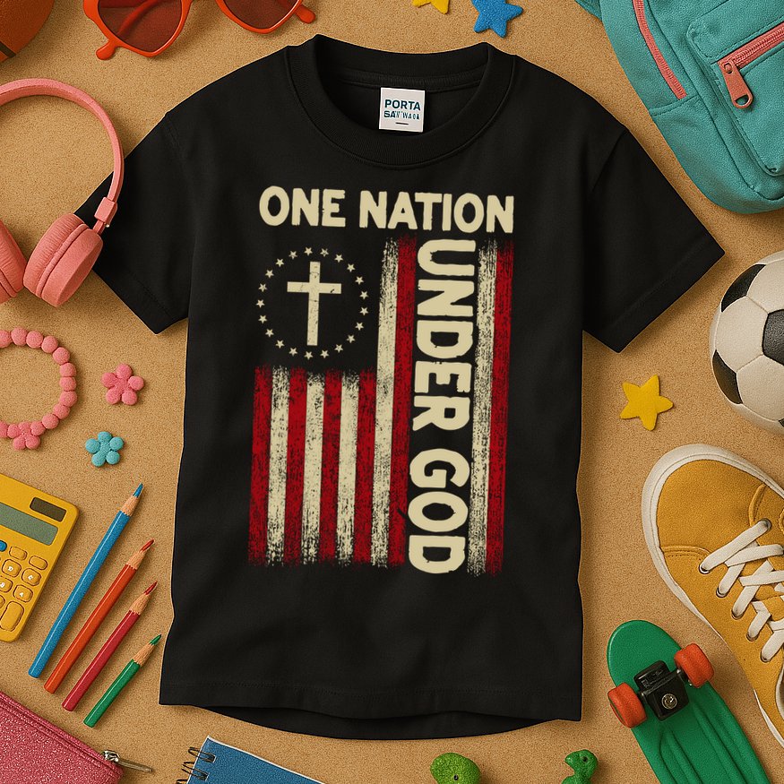 One Nation Under God Flag 4th Of July Patriotic Christian  Kids T-Shirt