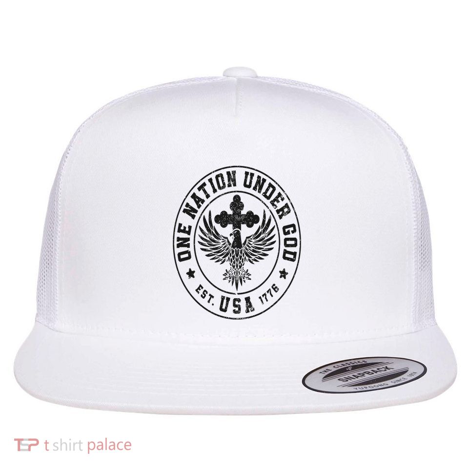 One Nation Under God USA Christian Cross Bald Eagle Graphic Flatbill Hat
