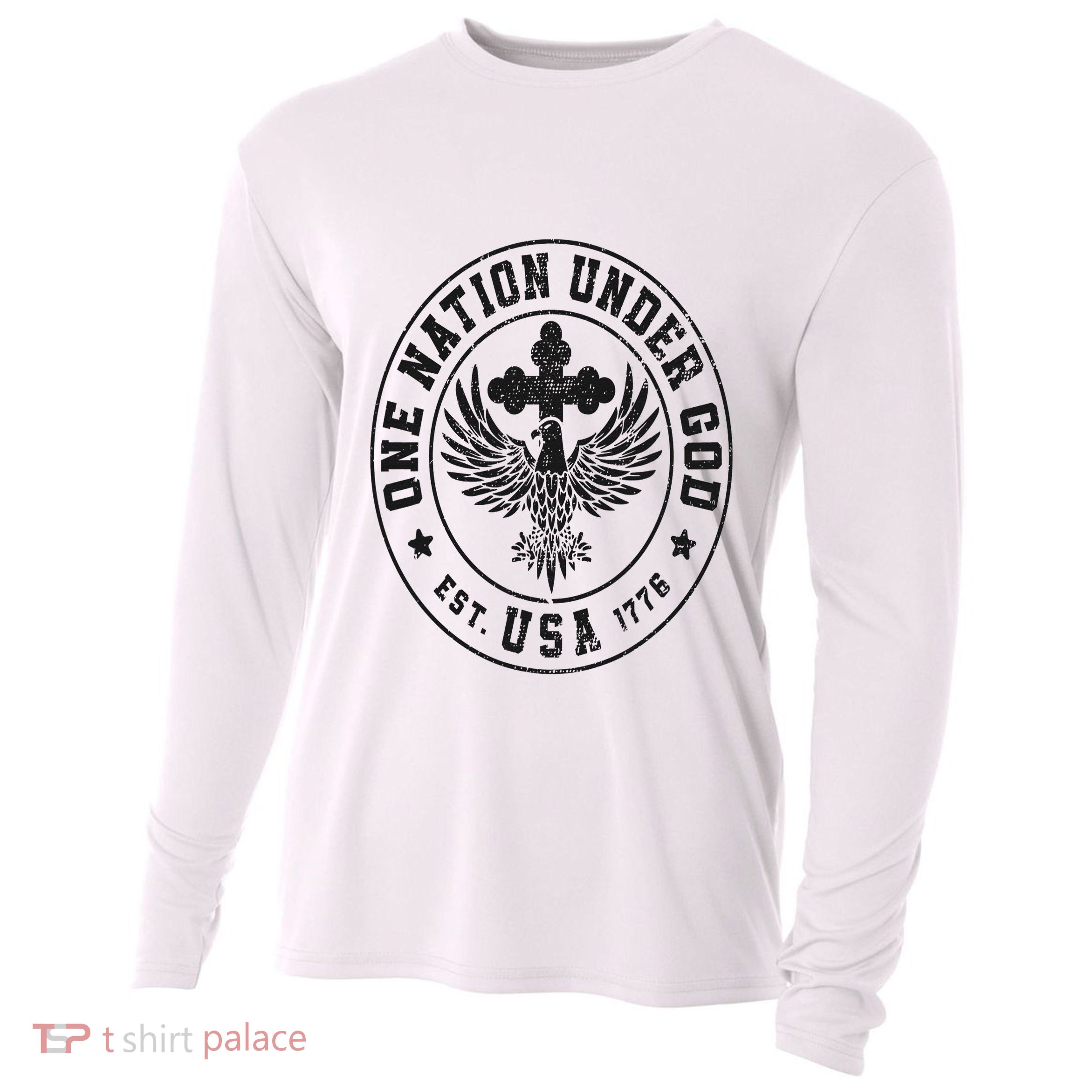One Nation Under God USA Christian Cross Bald Eagle Graphic Cooling Performance Long Sleeve Crew