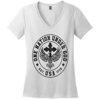 One Nation Under God USA Christian Cross Bald Eagle Graphic Women's V-Neck T-Shirt