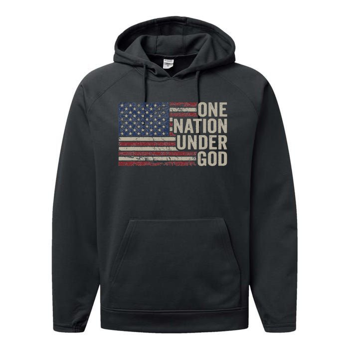 One Nation Under God Christian Usa Vintage American Flag Performance Fleece Hoodie