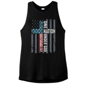 ONE NATION UNDER GOD USA Cross Flag Christian ON BACK Ladies PosiCharge Tri-Blend Wicking Tank