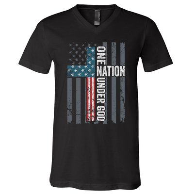 ONE NATION UNDER GOD USA Cross Flag Christian ON BACK V-Neck T-Shirt