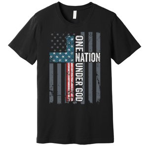 ONE NATION UNDER GOD USA Cross Flag Christian ON BACK Premium T-Shirt