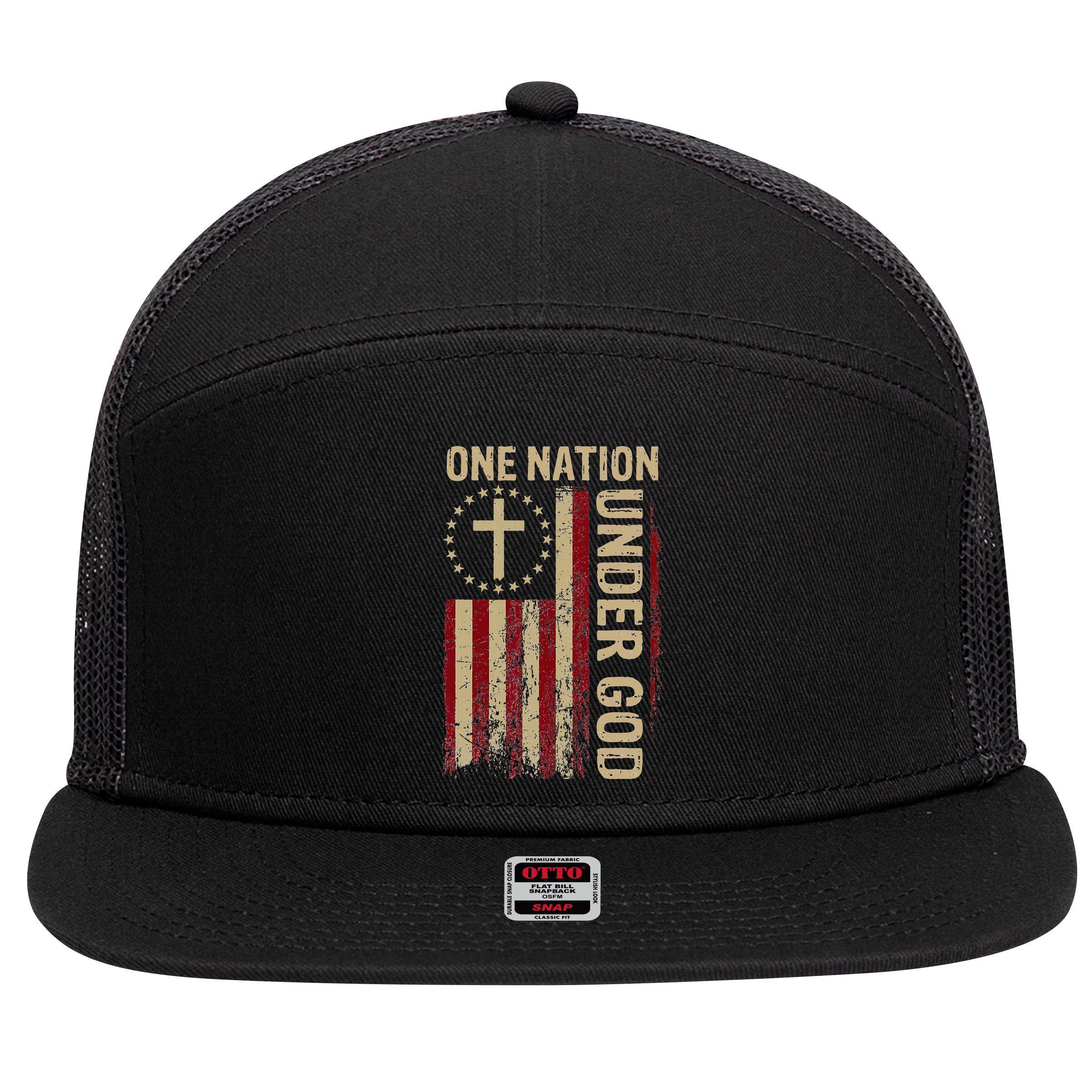 One Nation Under God Flag 4th Of July Patriotic Christian 7 Panel Mesh Trucker Snapback Hat