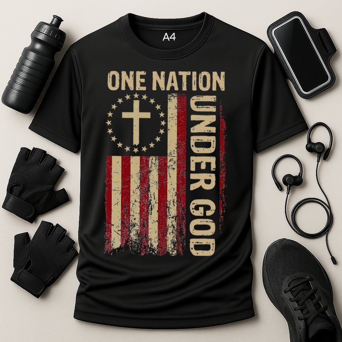 One Nation Under God Flag 4th Of July Patriotic Christian Cooling Performance Crew T-Shirt
