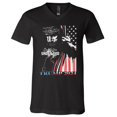 One Nation Under God Trump 2024 God American Flag V-Neck T-Shirt