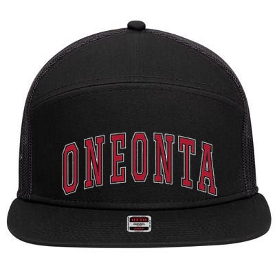 Oneonta New York Souvenir College Style Red Text 7 Panel Mesh Trucker Snapback Hat