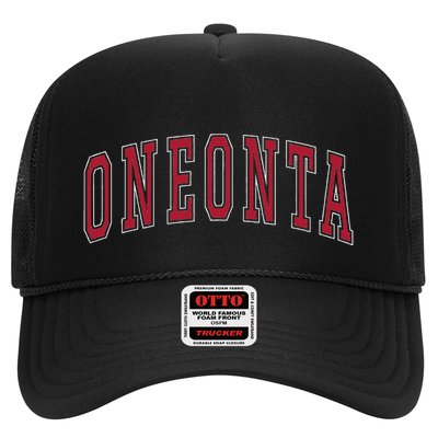Oneonta New York Souvenir College Style Red Text Trucker Hat