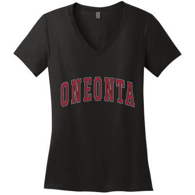 Oneonta New York Souvenir College Style Red Text Women's V-Neck T-Shirt