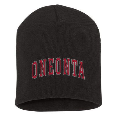 Oneonta New York Souvenir College Style Red Text Short Acrylic Beanie