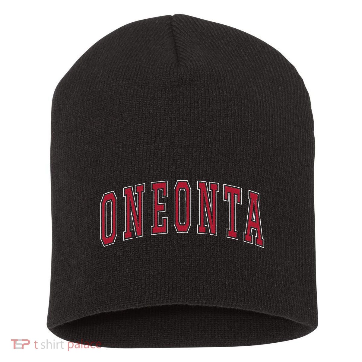 Oneonta New York Souvenir College Style Red Text Short Acrylic Beanie
