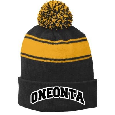 Oneonta New York Varsity Style Vintage Red Stripe Pom Pom Beanie