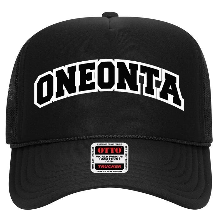 Oneonta New York Varsity Style Vintage Red High Crown Mesh Back Trucker Hat