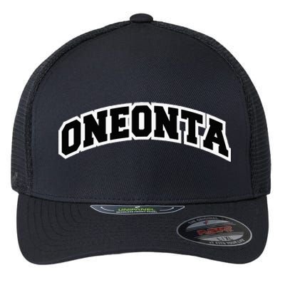 Oneonta New York Varsity Style Vintage Red Flexfit Unipanel Trucker Cap