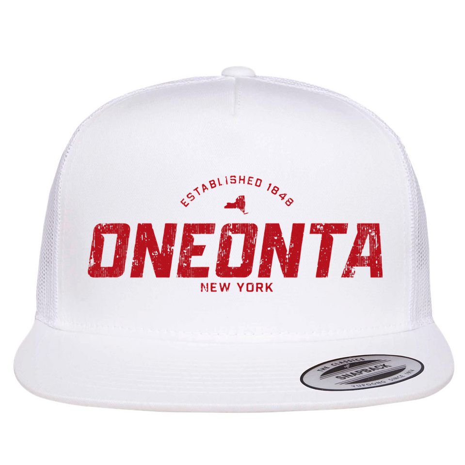 Oneonta New York Ny Vintage Athletic Red Sports Flat Bill Trucker Hat