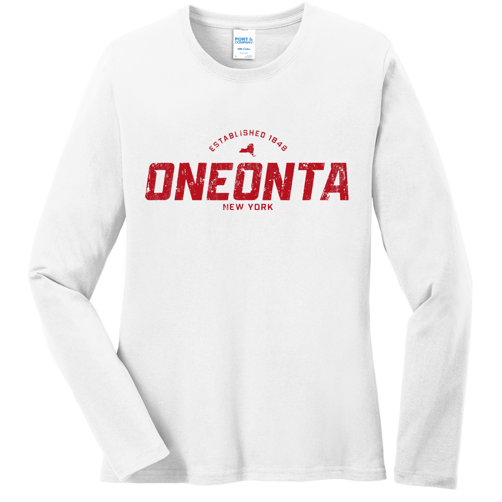 Oneonta New York Ny Vintage Athletic Red Sports Ladies Long Sleeve Shirt