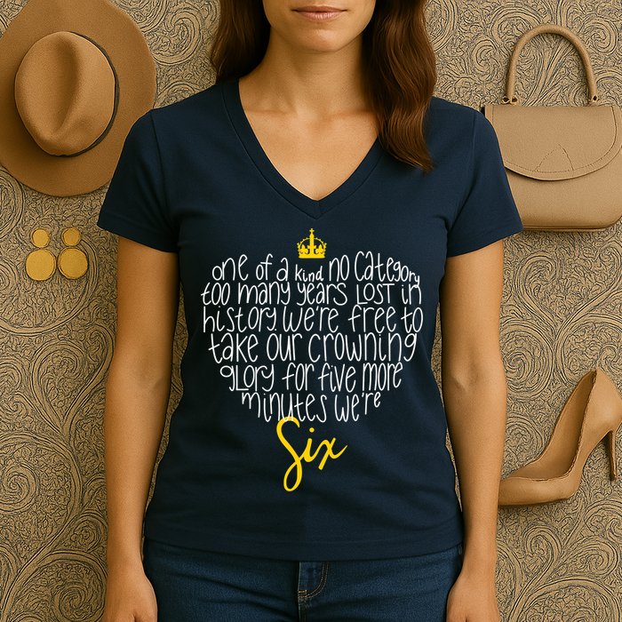One Of A Kind No Category Six Queens Lettered Heart Women's V-Neck T-Shirt