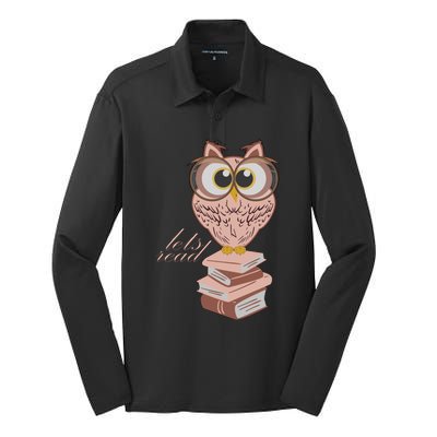 Owl On Books Lets Read Gift Silk Touch Performance Long Sleeve Polo