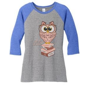 Owl On Books Lets Read Gift Women's Tri-Blend 3/4-Sleeve Raglan Shirt