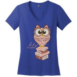 Owl On Books Lets Read Gift Women's V-Neck T-Shirt