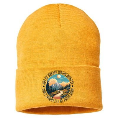 Out Of Breath Hiking Society For Hiker Nature Love Sustainable Knit Beanie