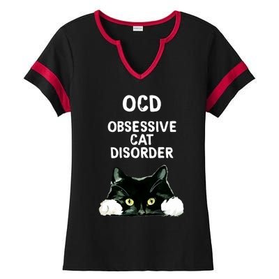 Ocd Obsessive Cat Disorder Animals Black And White Cat Ladies Halftime Notch Neck Tee