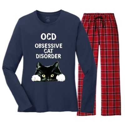 Ocd Obsessive Cat Disorder Animals Black And White Cat Women's Long Sleeve Flannel Pajama Set 