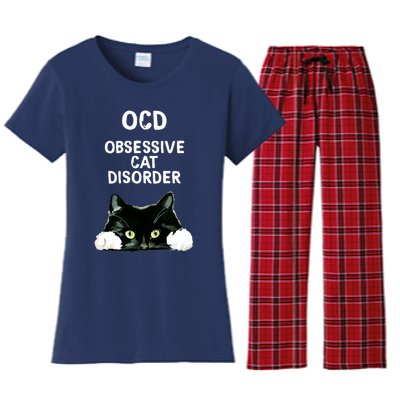 Ocd Obsessive Cat Disorder Animals Black And White Cat Women's Flannel Pajama Set