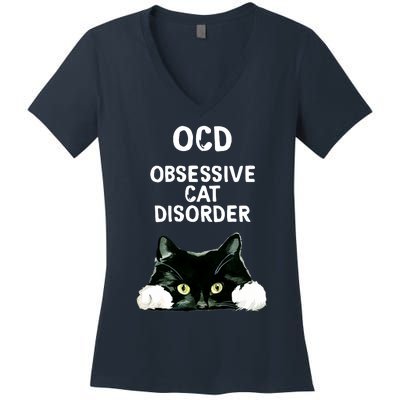 Ocd Obsessive Cat Disorder Animals Black And White Cat Women's V-Neck T-Shirt