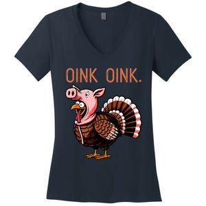 Oink Oink Funny Thanksgiving Turkey In A Pig Disguise Women's V-Neck T-Shirt