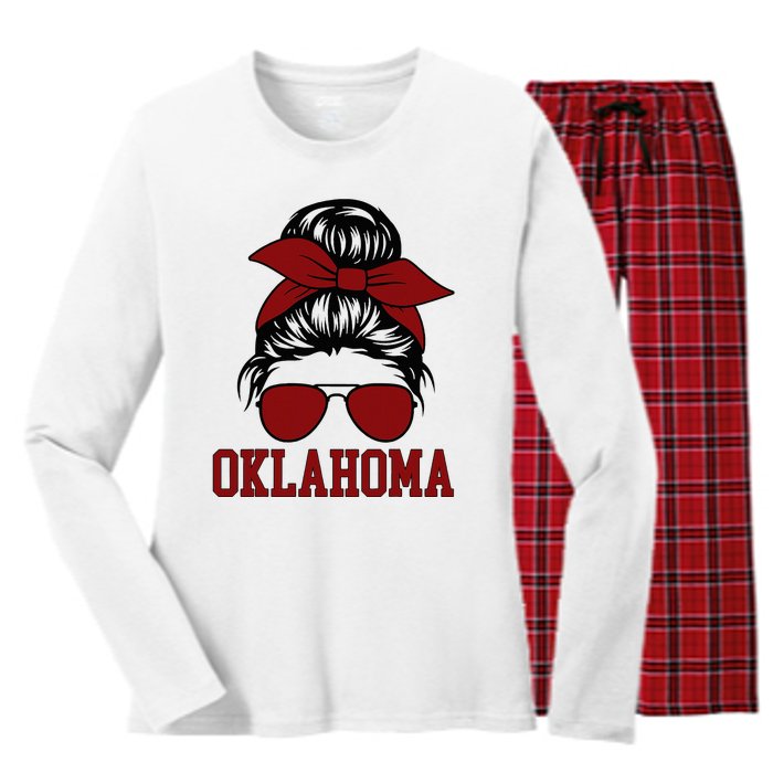 Oklahoma Ok Messy Bun Varsity Sports Women's Long Sleeve Flannel Pajama Set 