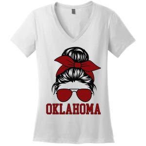 Oklahoma Ok Messy Bun Varsity Sports Women's V-Neck T-Shirt