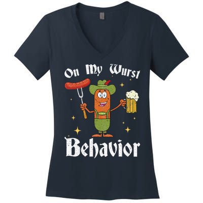 Oktoberfest On My Wurst Behavior Funny German Women's V-Neck T-Shirt