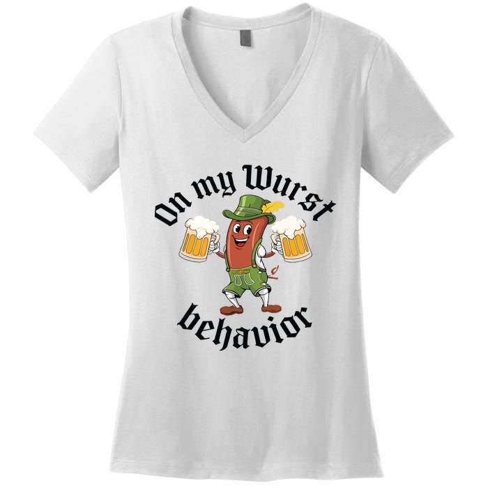 Oktoberfest On My Wurst Behavior Funny German Women's V-Neck T-Shirt