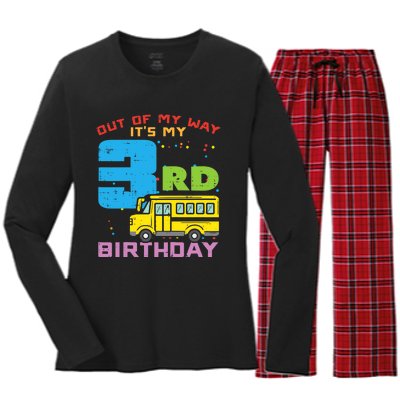 Out Of My Way 3rd Birthday School Bus Cute 3 Year Old Boy Women's Long Sleeve Flannel Pajama Set 