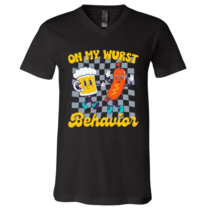 Oktoberfest On My Wurst Behavior Retro Groovy Beer V-Neck T-Shirt