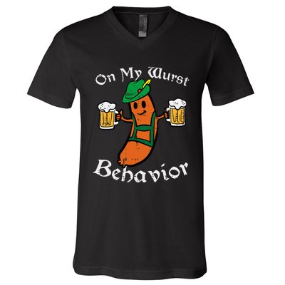 Oktoberfest On My Wurst Behavior Funny German V-Neck T-Shirt