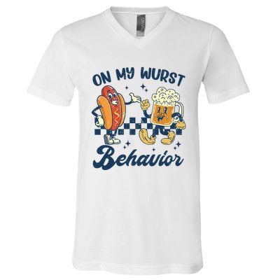 Oktoberfest On My Wurst Behavior Funny German Beer Bratwurst V-Neck T-Shirt