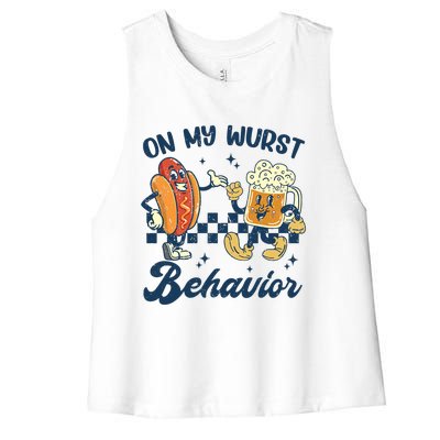 Oktoberfest On My Wurst Behavior Funny German Beer Bratwurst Women's Racerback Cropped Tank