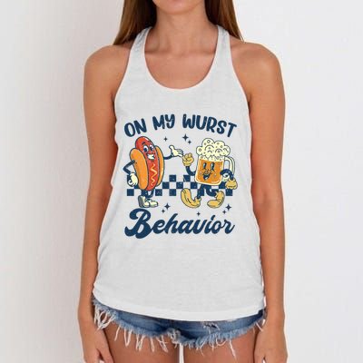 Oktoberfest On My Wurst Behavior Funny German Beer Bratwurst Women's Knotted Racerback Tank