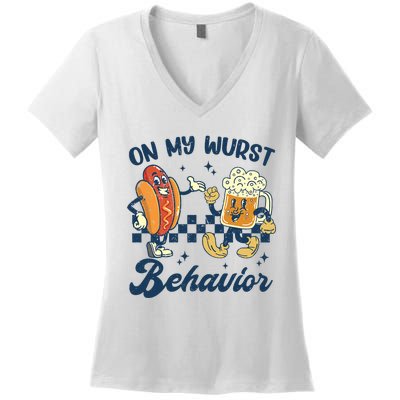 Oktoberfest On My Wurst Behavior Funny German Beer Bratwurst Women's V-Neck T-Shirt