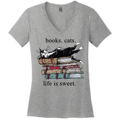 Out Of Print Unisex Literary Books Cats Life Is Sweet Sweatshirt Women's V-Neck T-Shirt